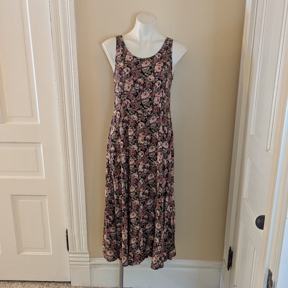 Vintage black with pink floral print maxi dress size S